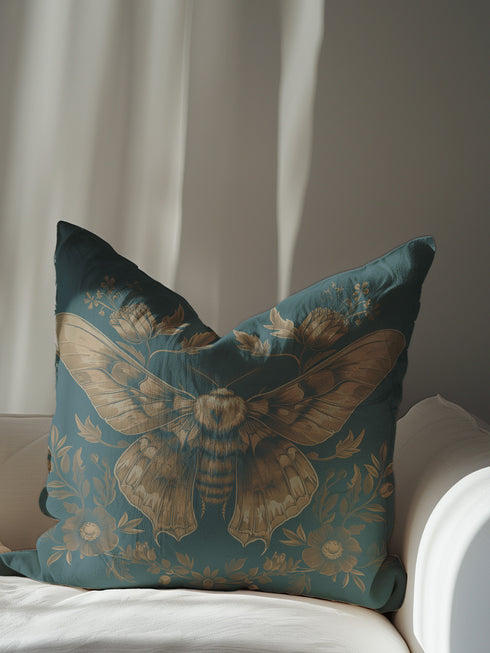 Decorative pillow cover featuring a large golden moth or butterfly design with detailed wings, surrounded by floral motifs and botanicals, printed on a deep teal blue linen fabric background.